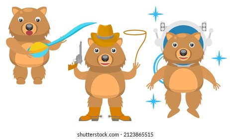 Set Abstract Collection Flat Cartoon Different Animal Wombat Eating With A Big Spoon, Cowboy With Revolver Lasso Boots And Hat, Astronaut In Helmet Vector Design Style Elements Fauna Wildlife