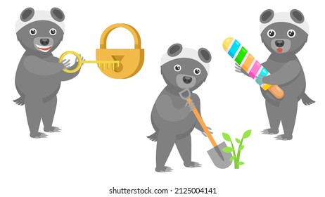 Set Abstract Collection Flat Cartoon Different Animal Honey Badgers Opens The Lock With A Key, Digging Potatoes With A Shovel, With Huge Ice Cream Vector Design Style Elements Fauna Wildlife