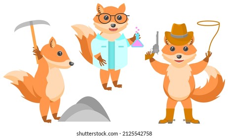 Set Abstract Collection Flat Cartoon Different Animal Foxes Cowboy With Revolver Lasso Boots And Hat, Flask Scientist, Pickaxe Knocks On Stone Vector Design Style Elements Fauna Wildlife