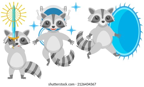 Set Abstract Collection Flat Cartoon Different Animal Raccoons  With A Sword In Hand, Astronaut In Helmet, Running Into The Portal Vector Design Style Elements Fauna Wildlife