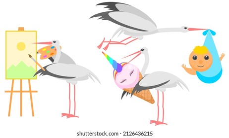 Set Abstract Collection Flat Cartoon Different Animal Storks Artist With Brush, With Huge Ice Cream, Flies With A Baby In Its Beak Vector Design Style Elements Fauna Wildlife