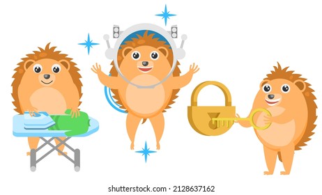 Set Abstract Collection Flat Cartoon Different Animal Hedgehogs Ironing Clothes, Astronaut In Helmet, Opens The Lock With A Key Vector Design Style Elements Fauna Wildlife