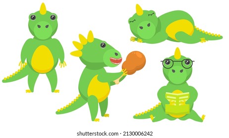 Set Abstract Collection Flat Cartoon Different Animal Dinosaurs Eating A Meat, Stand, Sleeping Vector Design Style Elements Fauna Wildlife