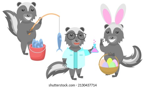 Set Abstract Collection Flat Cartoon Different Animal Skunks Fishing With A Rod, Bunny Ears With A Basket Of Eggs, Flask Scientist Vector Design Style Elements Fauna Wildlife