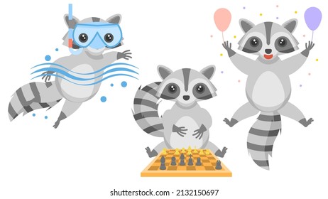 Set Abstract Collection Flat Cartoon Different Animal Raccons Swimming With Goggles, Plays Chess, Celebrating Birthday With Balloons Vector Design Style Elements Fauna Wildlife