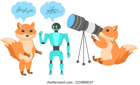 Set Abstract Collection Flat Cartoon Different Animal Foxes Talking To A Robot, Looking At The Stars Through A Telescope Vector Design Style Elements Fauna Wildlife