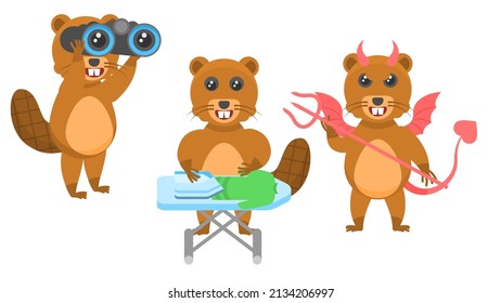 Set Abstract Collection Flat Cartoon Different Animal Beavers Looking Through Binoculars, Ironing Clothes, Devil With Horns And Trident Vector Design Style Elements Fauna Wildlife