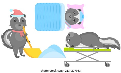 Set Abstract Collection Flat Cartoon Different Animal Skunk Sick In Bed With A Thermometer, Lies On A Medical Gurney, Shoveling Snow Vector Design Style Elements Fauna Wildlife