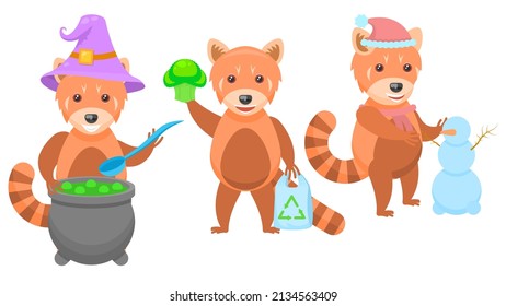 Set Abstract Collection Flat Cartoon Different Animal Red Pandas Brewing A Potion In A Vat, With Package And Eco Food, Making A Snowman Vector Design Style Elements Fauna Wild