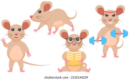 Set Abstract Collection Flat Cartoon Different Animal Mouse Mice, Stand, Reading A Book, Goes In For Sports With Dumbbells Vector Design Style Elements Fauna Wildlife