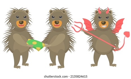 Set Abstract Collection Flat Cartoon Different Animal Porcupine Devil With Horns And Trident, Takes A Bribe Vector Design Style Elements Fauna Wildlife