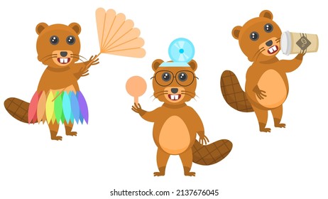 Set Abstract Collection Flat Cartoon Different Animal Beavers With A Fan In A Dress, Drinking Coffee From A Glass, Ophthalmologist With Scapula Vector Design Style Elements Fauna Wildlife