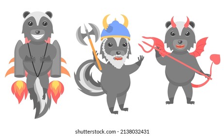 Set Abstract Collection Flat Cartoon Different Animal Skunk Flies On A Jetpack, Viking With Ax And Helmet, Devil With Horns And Trident Vector Design Style Elements Fauna Wildlife