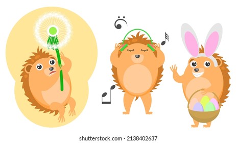 Set Abstract Collection Flat Cartoon Different Animal Hedgehogs Flying On A Dandelion, In Bunny Ears With A Basket Of Eggs, Listening To Music With Headphones Vector Design Elements Fauna Wildlife