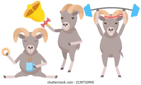 Set Abstract Collection Flat Cartoon Different Animal Arhali Rings The Bell, Drinking Tea With Donut, Goes In For Sports With A Barbell Vector Design Style Elements Fauna Wildlife