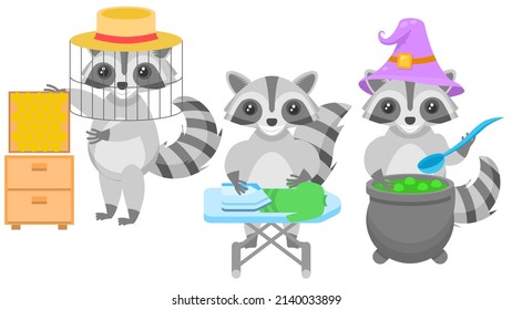 Set Abstrakte Kollektion flachen Cartoon Verschiedene Tierraccoons Bieneneneper sammelt Honig, Bügelkleidung, Brechen einen Tränen in einem Vat-Vektordesign-Stilelemente Fauna Wildlife