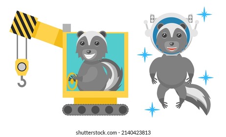 Set Abstract Collection Flat Cartoon Different Animal Skunks Working Behind A Crane, Astronaut In Helmet Vector Design Style Elements Fauna Wildlife