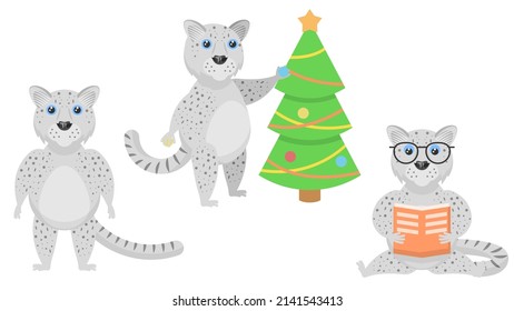 Set Abstract Collection Flat Cartoon Different Animal Snow Leopard Irbis Decorates The Christmas Tree, Stand, Reading Book Vector Design Style Elements Fauna Wildlife