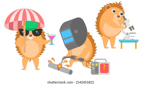 Set Abstract Collection Flat Cartoon Different Animal Hedgehogs Looking Through A Microscope, Welder Welds The Pipe, Resting With An Umbrella And With A Cocktail Vector Design Elements Fauna Wildlife