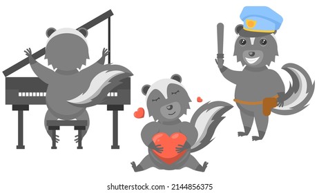 Set Abstract Collection Flat Cartoon Different Animal Skunk Hugs The Heart, Policeman With Baton, Plays The Piano Vector Design Style Elements Fauna Wildlife