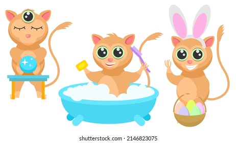 Set Abstract Collection Flat Cartoon Different Animal Tarsiers With Three Eyes And A Ball Of Predictions, Washing In The Bath, In Bunny Ears With A Basket Of Eggs Vector Elements Fauna Wildlife