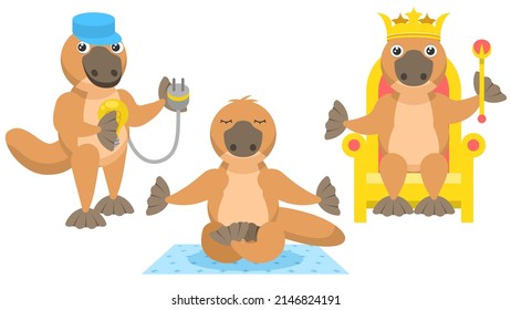 Set Abstract Collection Flat Cartoon Different Animal Platypus Duckbill Meditating On The Carpet, King Sits On A Throne Wearing Crown, Electrician Holding A Light Bulb Vector Elements Fauna Wildlife