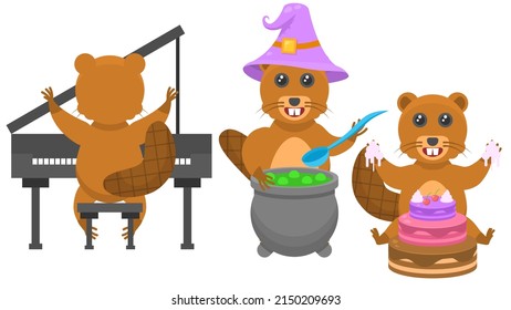 Set Abstract Collection Flat Cartoon Different Animal Beavers Plays The Piano, Brewing A Potion In A Vat, Eating Cake Vector Design Style Elements Fauna Wildlife