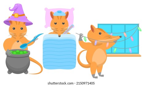 Set Abstract Collection Flat Cartoon Different Animal Rufous Elephant Hangs Garlands On The Window, Brewing A Potion In A Vat, Sick With A Thermometer Vector Design Elements Fauna Wildlife