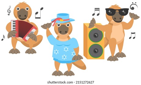 Set Abstract Collection Flat Cartoon Different Animal Platypus Duckbill In A Blue Dress And A Blue Hat, Plays The Accordion, Listening To Music Through A Speaker Vector Elements Fauna Wildlife