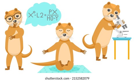 Set Abstract Collection Flat Cartoon Different Animal Otters Looking Through A Microscope, Meditating On The Carpet, Scientist With Glasses And Formula Vector Design Style Elements Fauna Wildlife