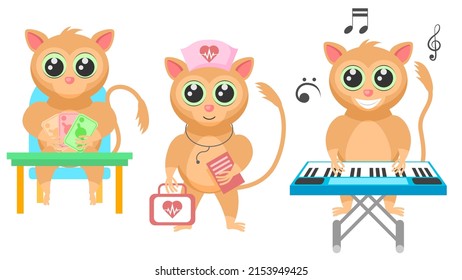 Set Abstract Collection Flat Cartoon Different Animal Tarsiers Plays The Synthesizer, Doctor With First Aid Kit, Playing Cards Vector Elements Fauna Wildlife