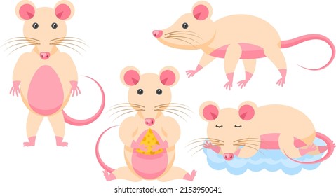 Set Abstract Collection Flat Cartoon Different Animal Rats Stand, Sleeping On A Cloud, Eating Cheese Vector Design Style Elements Fauna Wildlife