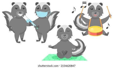 Set Abstract Collection Flat Cartoon Different Animal Skunk Vaccinates Another, Meditating On The Carpet, Play Drum Vector Design Style Elements Fauna Wildlife