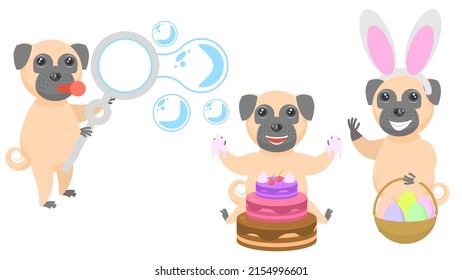 Set Abstract Collection Flat Cartoon Different Animal Pug Dogs Puppy Blows Soap Bubbles, Eating Cake, In Bunny Ears With A Basket Of Eggs Vector Design Style Elements Fauna Wildlife