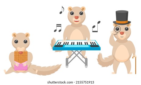 Set Abstract Collection Flat Cartoon Different Animal Tupaia Plays The Synthesizer, In A Top Hat And With A Cane, Eats Chocolate Vector Design Style Elements Fauna Wildlife