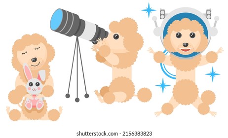 Set Abstract Collection Flat Cartoon Different Animal Pug Dogs Poodles Hugging A Hare, Looking At The Stars Through A Telescope, Astronaut In Helmet Vector Design Style Elements Fauna Wildlife