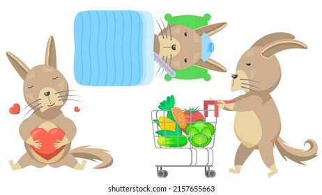 Set Abstract Collection Flat Cartoon Different Animal Lagidium Whiskasha Rodent Pulling A Grocery Cart, Hugs The Heart, Sick In Bed With A Thermometer Vector Design Style Elements Fauna Wildlife