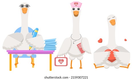 Set Abstract Collection Flat Cartoon Different Animal Birds Goose, Geese, Hugs The Heart, Doctor With First Aid Kit, Signs A Pile Of Papers Vector Design Style Elements Fauna Wildlife