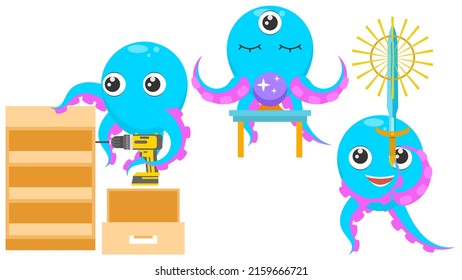 Set Abstract Collection Flat Cartoon Different Animal Blue Octopus Tentacles Sword In Hand, With Three Eyes And A Ball Of Predictions, Nightstand Assembly Vector Design Style Elements Fauna Wildlife