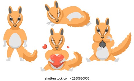 Set Abstract Collection Flat Cartoon Different Animal Chipmunks Stand, Sleeping, Hugs The Heart, Eats Seeds Vector Design Style Elements Fauna Wildlife