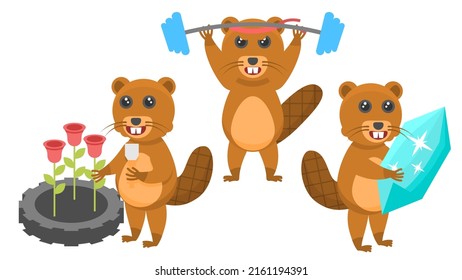 Set Abstrakte Kollektion Flach Cartoon Verschiedene Tierbiber, die einen Kristall halten, Pflanzrosen in einem Blumenbeet, geht für Sport mit einem Barbell Vector Design Elemente Fauna Tierwelt