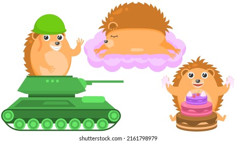 Set Abstract Collection Flat Cartoon Different Animal Hedgehogs Sleeping On A Cloud, Eating Cake, Rides On A Tank Vector Design Elements Fauna Wildlife
