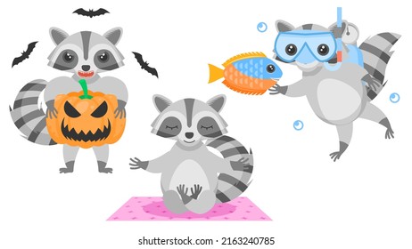 Set Abstract Collection Flat Cartoon Different Animal Raccoons Meditating On The Carpet, Stands With A Pumpkin And Bats Around, Diver Vith Fish Vector Design Style Elements Fauna Wildlife