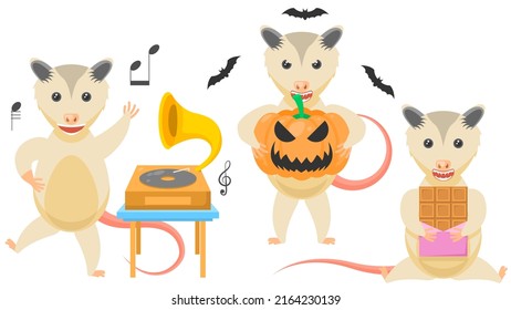 Set Abstract Collection Flat Cartoon Different Animal Opossum With A Pumpkin And Bats Around, Dancing With The Gramophone, Eats Chocolate Vector Design Style Elements Fauna Wildlife