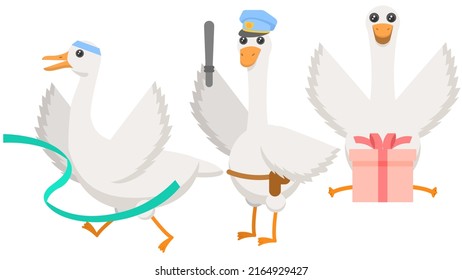 Set Abstract Collection Flat Cartoon Different Animal Birds Goose, Geese, Surprised By The Gift, Doing Athletics, Policeman With Baton Vector Design Style Elements Fauna Wildlife