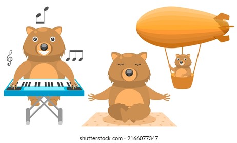 Set Abstract Collection Flat Cartoon Different Animal Wombats Flying In An Airship, Plays The Synthesizer, Meditating On The Carpet Vector Design Fauna Wildlife