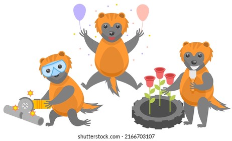 Set Abstract Collection Flat Cartoon Different Animal Wolverines Planting Roses In A Flower Bed, Celebrating Birthday With Balloons, Sawing Grinder Vector Design Style Elements Fauna Wildlife