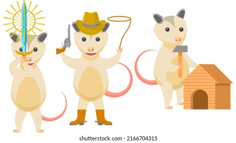 Set Abstract Collection Flat Cartoon Different Animal Opossum With A Sword In Hand, Cowboy With Revolver Lasso Boots And Hat, Building A Dog House Vector Design Style Elements Fauna Wildlife