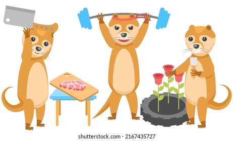 Set Abstract Collection Flat Cartoon Different Animal Otters With A Pumpkin And Bats Around, Planting Roses In A Flower Bed, Chopping Meat Vector Design Style Elements Fauna Wildlife