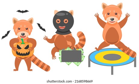 Set Abstract Collection Flat Cartoon Different Animal Red Pandas With A Pumpkin And Bats Around, Jumping On A Trampoline, A Thief Stole A Diplomat With Money Vector Design Style Elements Fauna Wild